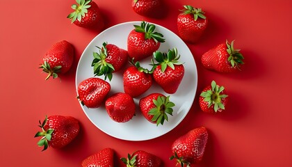 Vibrant strawberries on a white plate against a bold red background, a fresh and inviting flat lay with ample copy space