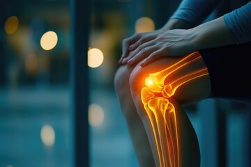 Woman holding her painful knee with a visible skeleton highlighted