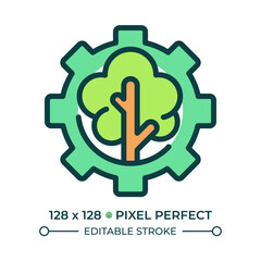 Sticker - Forest management RGB color icon. Resource management. Environmental conservation. Tree and gear. Sustainable forestry. Isolated vector illustration. Simple filled line drawing. Editable stroke