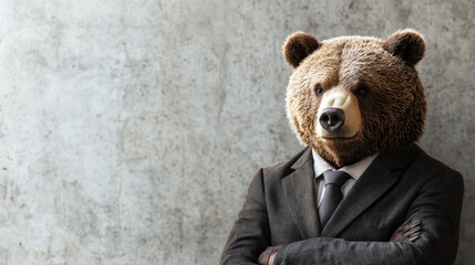 Wall Mural - A bear in business suit stands confidently against textured wall, blending wild with professionalism. This unique image captures strong and intriguing character