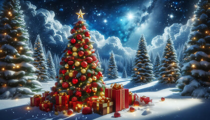 Wall Mural - A beautifully decorated christmas tree adorned with red and gold ornaments and topped with a bright star stands in a snowy landscape