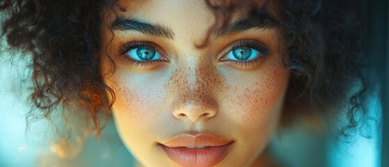 Wall Mural - Close-up Portrait of a Woman with Blue Eyes and Freckles