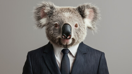 Wall Mural - A koala in business suit stands confidently against minimal background, exuding relaxed yet professional vibe. This unique blend of animal and attire creates an intriguing visual