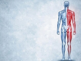 a human figure with muscles highlighted in red, showing full-body muscle pain, chronic muscle ache, 
