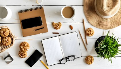 Wall Mural - Chic feminine home office flat lay featuring a stylish white desk, laptop, coffee cup, macaroons, notebook, and accessories in a cozy workspace atmosphere