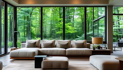 A modern living room with comfortable sofas, modern furniture and large windows with green and light.