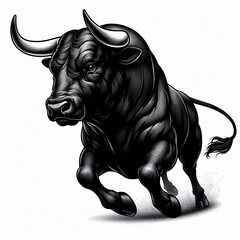 Wall Mural - Black Bull Charging Forward in Black and White Illustration