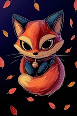 Sticker - Cute Cartoon Fox with Autumn Leaves