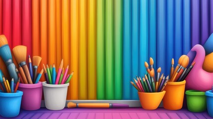 Poster - A rainbow colored wall with a bunch of paintbrushes and buckets, AI