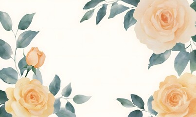 Wall Mural - Rich watercolor yellow roses and green leaves on the outside, frame with text space in the center