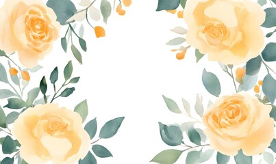 Wall Mural - Rich watercolor yellow roses and green leaves on the outside, frame with text space in the center