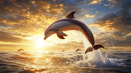 Wall Mural - a dolphin leaps high out of the water at sunset, with other dolphins in the background.