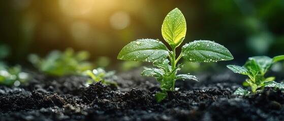 Wall Mural - A Dew-Covered Sprout Emerging From Rich Soil