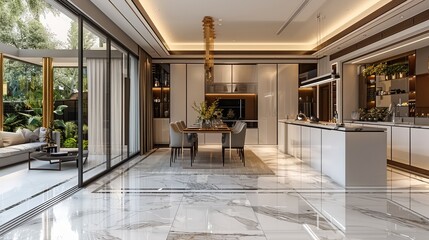 A modern dining room with a marble floor and glass door leading to the garden. The kitchen is in a white color, an island table for cooking. Generative AI.