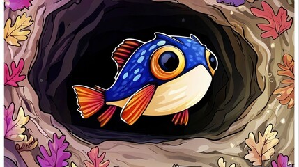 Canvas Print - Cartoon Fish Hiding in a Cave