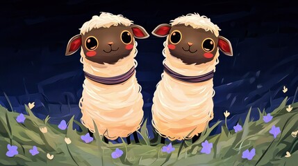 Two Cute Cartoon Sheep in a Field at Night