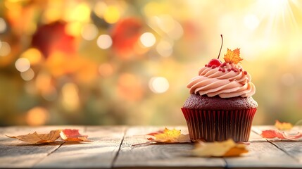 Wall Mural - Delicious Cupcake with Autumn Leaves on a Wooden Table