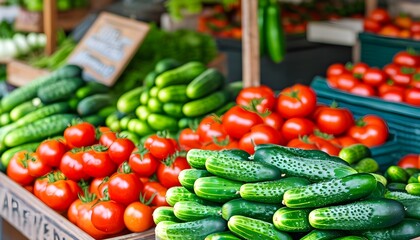 Vibrant market scene with friendly vendor showcasing fresh cucumbers and tomatoes, celebrating healthy organic food at a farmers market