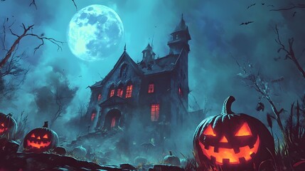 Haunted House With Jack O Lanterns And Full Moon On Halloween Night