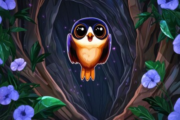 Poster - Cute Cartoon Owl Looking Out From Tree Trunk