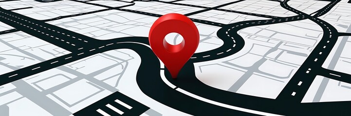 Digital illustration of a minimalist map layout with black and white streets, buildings, and a central red map pin icon, featuring dashed lines and a yellow main road.