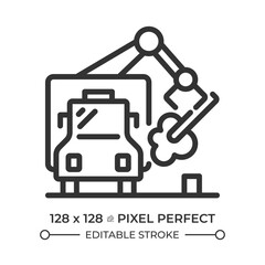 Poster - Debris hauling linear icon. Waste management. Garbage truck and tree. Logging and forestry. Public service. Thin line illustration. Contour symbol. Vector outline drawing. Editable stroke