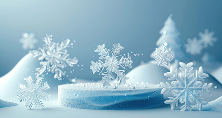 Aufkleber - The light blue product exhibition platform made of ice sculpture is surrounded by several beautiful white snowflakes. Generative AI.
