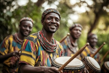 Group of African men playing traditional drums in a forest, vibrant colors and joyful atmosphere