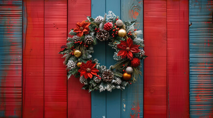 Christmas wreath with decoration on a colorful wooden door. Generative AI.