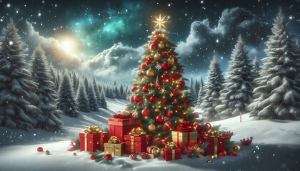 Wall Mural - A beautifully decorated christmas tree adorned with red and gold ornaments and topped with a bright star stands in a snowy landscape