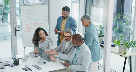 Aufkleber - Boardroom, teamwork and business people with laptop for solution, bad connection and glitch on company page. Corporate staff, ceo and manager with digital for network problem, website error or office