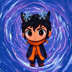 Sticker - Cute Cartoon Boy with Winter Accessories in a Whirlwind of Colors