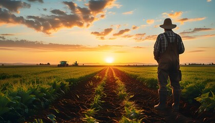 Serene sunset over expansive crop fields embraced by a dedicated farmer, capturing the essence of agricultural lifestyle and industry