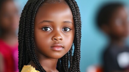 Canvas Print - A close up of a young girl with braids looking at the camera, AI