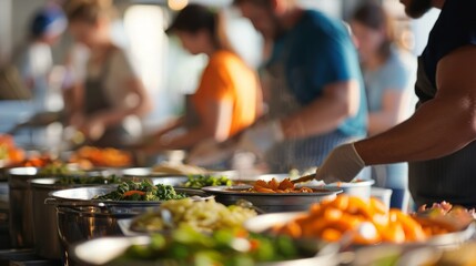 A group of people are preparing food in a kitchen