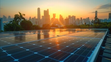 Wall Mural - Close-up of solar panels on the roof of an urban home, with a city skyline in the background. Generative AI.