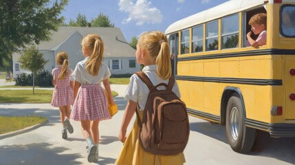 Canvas Print - A painting of three girls walking to a school bus, AI