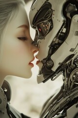 Biomechanical girls kissing in a futuristic scene