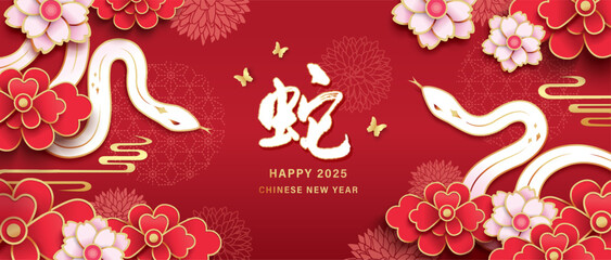 Wall Mural - 2025 Chinese new year, year of the snake banner template design with snakes and flowers background. Chinese translation: Snake