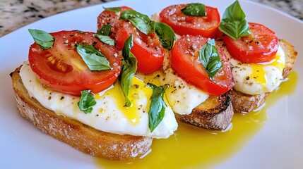 Poster - A plate topped with tomatoes, mozzarella and basil on a white table, AI