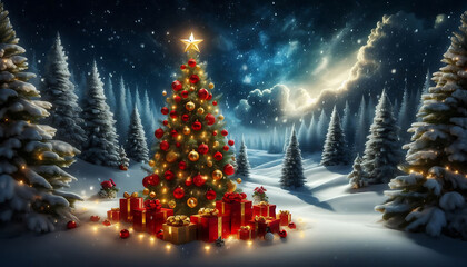 Wall Mural - A beautifully decorated christmas tree adorned with red and gold ornaments and topped with a bright star stands in a snowy landscape