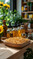 Wall Mural - A wooden table with a bowl of soybeans and several bottles of oil. Scene is calm and peaceful, with the soybeans and oil bottles arranged neatly on the table