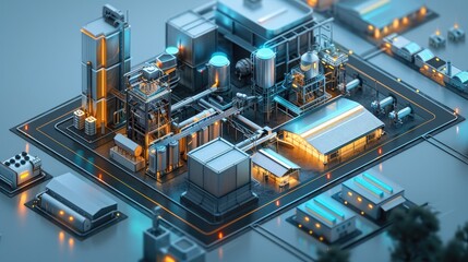 Aufkleber - A production lines in the production workshop, equipment production lines, etc., and the production line is in a house. surrounded by other elements. city buildings, isometric, 3D rendering.