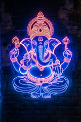 Sticker - Neon Ganesha Sign on Brick Wall.