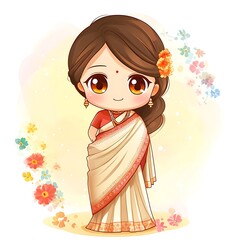 Wall Mural - Cute Cartoon Illustration of an Indian Woman in a Sari.