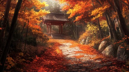 Sticker - Stone Path Leading Through Autumnal Forest to a Wooden Gate