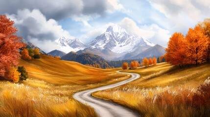 Wall Mural - A painting of a mountain range with trees and grass, AI