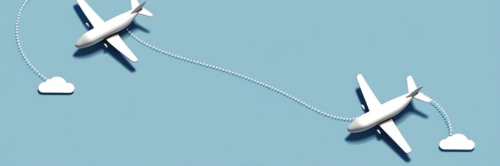 Minimalist 3D illustration featuring two white airplanes with dotted flight paths, intersecting in a looping pattern against a light blue background with fluffy clouds.