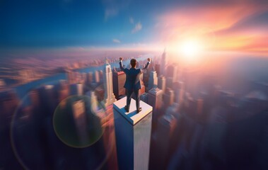 Sticker - A businessman stands on the top of a skyscraper with his arms raised in celebration as the sun sets over a city.