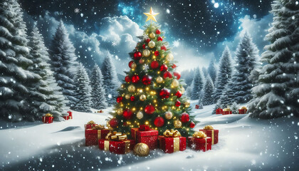 Wall Mural - A beautifully decorated christmas tree adorned with red and gold ornaments and topped with a bright star stands in a snowy landscape